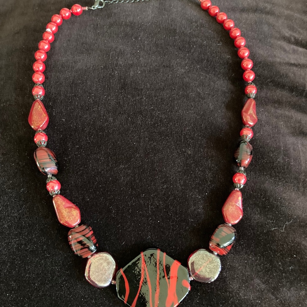 Vintage Black & Red Statement Necklace Polished Stone